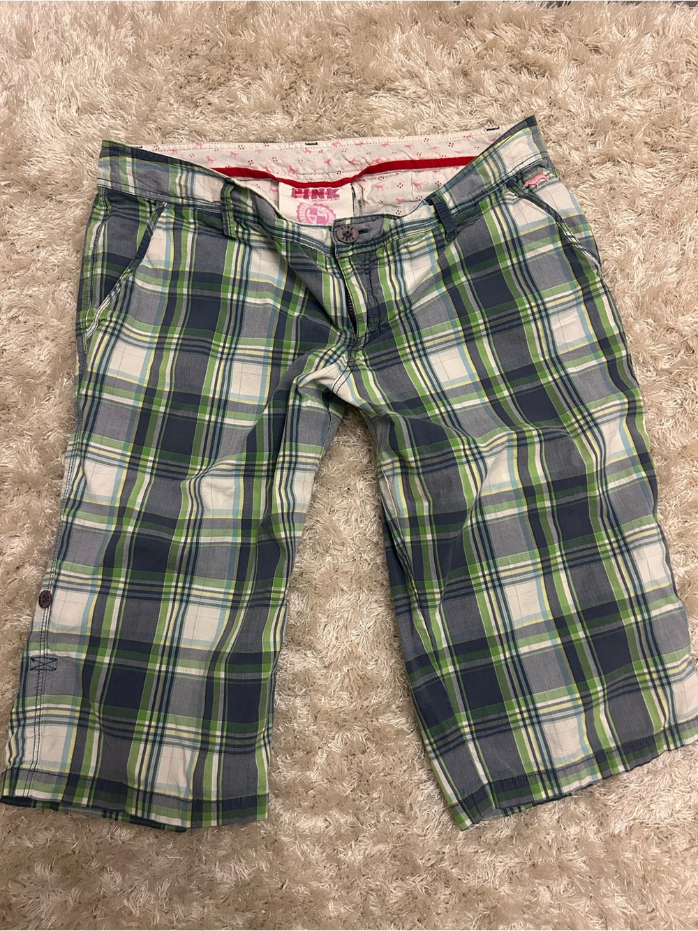 PINK Victoria's Secret Green and Navy Plaid Cargo Shorts